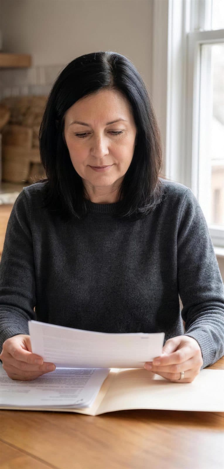 Woman reading a document at a table