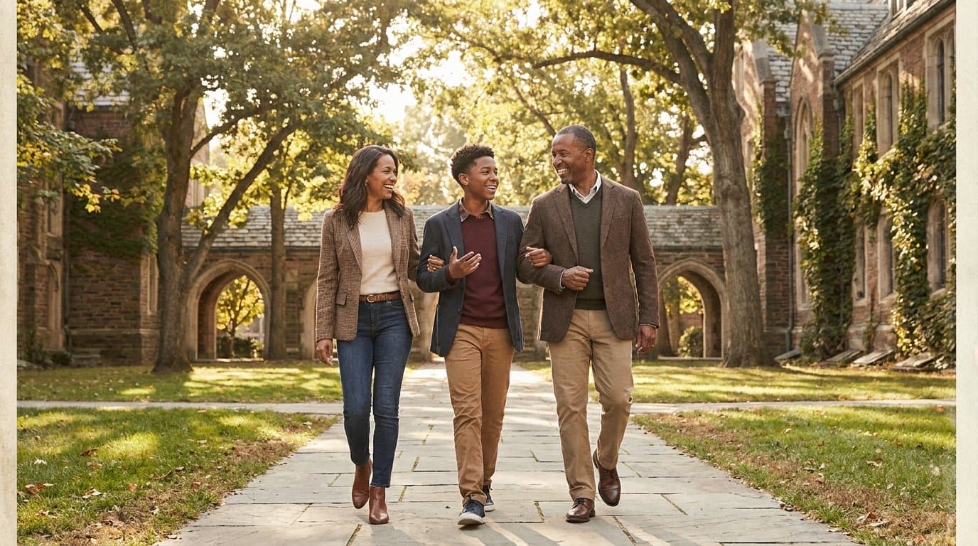Parents reviewing a college savings plan with their teenage child and a financial advisor
