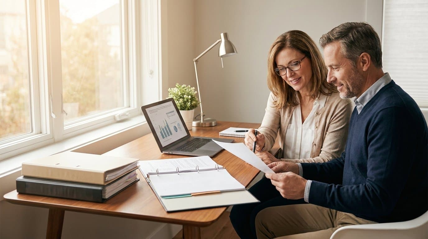 Couple reviewing a debt payoff and financial independence strategy with an advisor