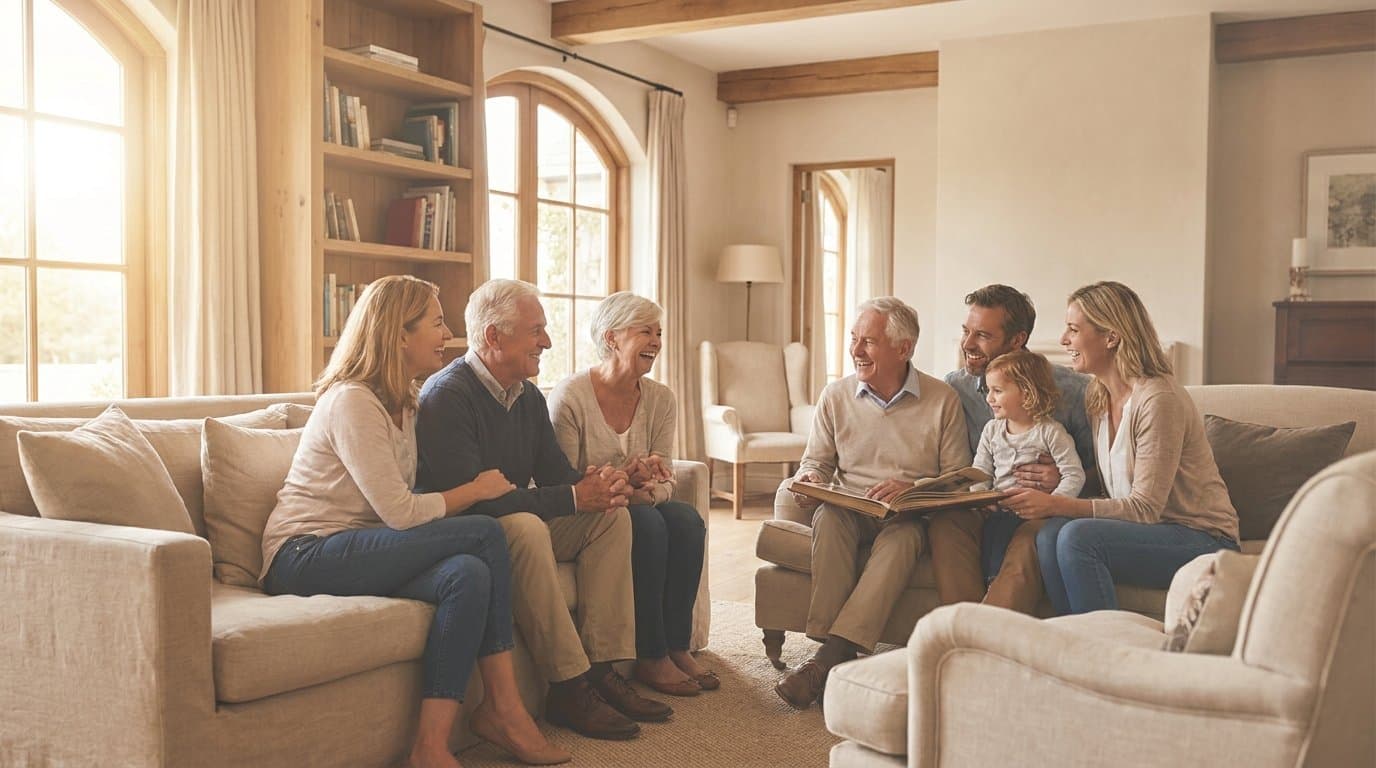 Multi-generational family gathered around a table reviewing an estate plan