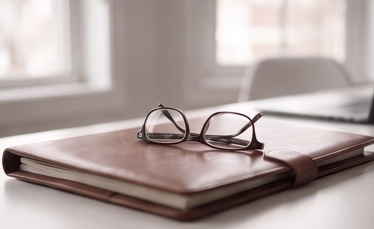 Leather notebook and reading glasses on a desk